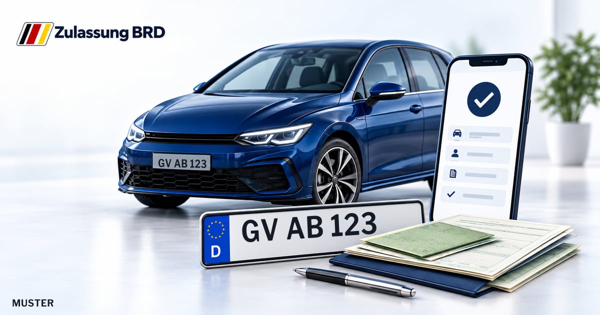 Online Fahrzeugzulassung in Dormagen: Musterkennzeichen GV AB 123, Auto und Fahrzeugpapiere und Smartphone. Illustration mit Logo von Zulassung BRD.